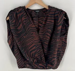 Express Brown‎ Zebra Print Chiffon Surplice Sleeveless Shoulder Pads Crop Top thumbnail 1
