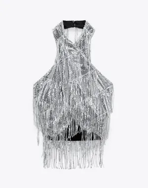 top cropped halter sequined surplice top thumbnail 6