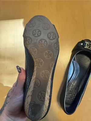 Tory Burch Black Leather Peep-Toe Heels with Gold Logo Accent thumbnail 6