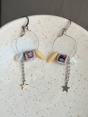Handmade funky boho retro unique hoop dangle earrings🩵 thumbnail 4