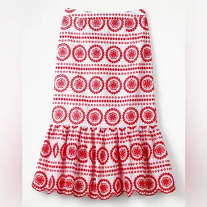 Boden Broderie Embroidered‎ Scalloped Lined Hem Midi Skirt Red White Size 2P thumbnail 3