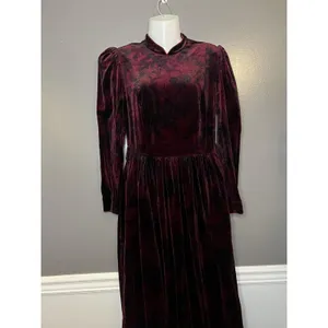 Vintage Origin Dress Womens 12 Red Floral Velvet Mock Neck Puff Sleeve Maxi thumbnail 2