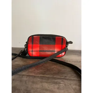 Coach Red Black Buffalo Plaid Pebble Leather Double Zip Crossbody Camera Bag thumbnail 4