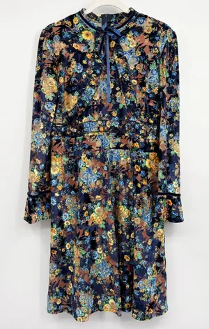 NWT Dalia MacPhee Womens Blue Floral Velvet‎ Boho Romantic Bell Sleeve Dress L thumbnail 1