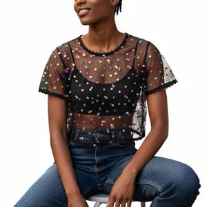 SheIn Black Mesh Boxy Sequin Top Sheer Evening Size 0XL thumbnail 1