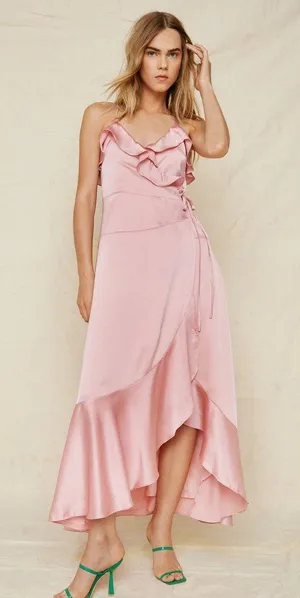 Nasty Gal NWT Pink Satin Ruffle Detail Strappy Wrap Maxi Dress thumbnail 1