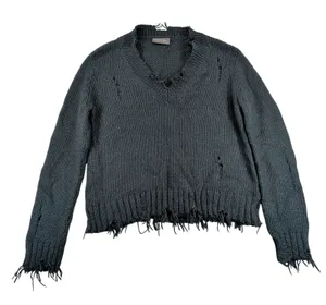Wooden Ships Paola Buendia Distressed V-Neck Mohair Wool Knit Sweater‎ Green S/M thumbnail 1