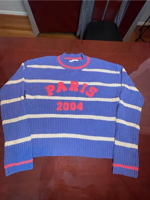 Altar'd State Striped Chunky Knit Fisherman Sweater Slouchy Blue Beige Size M thumbnail 4
