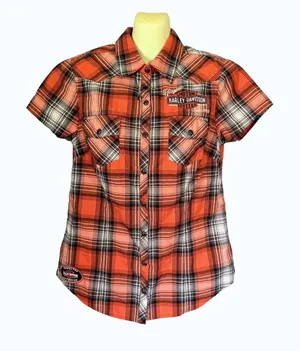 Harley Davidson Plaid Short Slv Snap Button Shirt S Orange Black Biker Western thumbnail 1