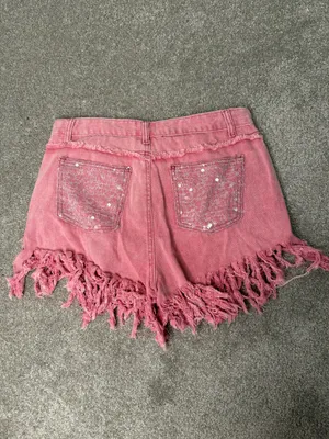 POL Pink Sequin Patchwork Distressed Fringe Denim Shorts Size Large thumbnail 4