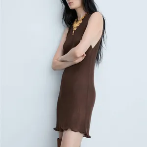 Mango MNG - Brown semi sheer fine knit ruffle trim mini dress thumbnail 5