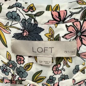 LOFT Petites Floral Split Neck Tie Blouse White Pink Blue Long Sleeve SP thumbnail 7