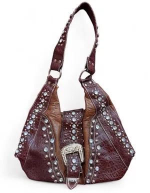 Y2K 2000s Western Cowgirl Mcbling Bimbo Goth Rhinestone Large Buckle Hand Shoulder Hobo Bag Purse Preppy bedazzled silver studs brown #whimsygoth #grunge #punk #stagecoach #streetwear festival Measurement in pics Some distressing as pictured thumbnail 1
