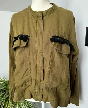 Zara Basic Women’s Olive Green Linen‎ Jacket size Medium Black Tassel Detail thumbnail 1