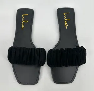 Lulus Sandals Womens 6.5 Black Ruched/Scrunch Strap Slide Square-Toe Casual Flat thumbnail 1
