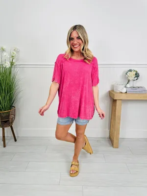Zenana relaxed fit oversized ribbed short sleeve flowy top size s/m hot pink NIB thumbnail 3