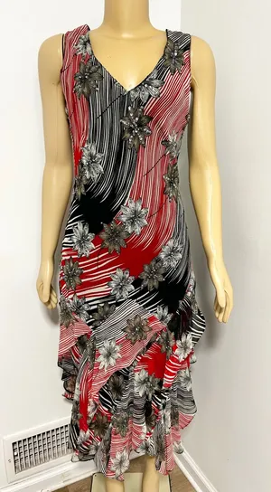 Y2K Jessica Taylor Red Black Floral Sequin Ruffle Midi Dress 286 NWT Medium thumbnail 1
