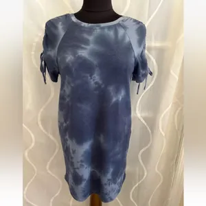 NWOT Cupio Blue Tie Dye Ruched Sleeve T-Shirt Dress Medium thumbnail 2