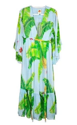 Farm Rio Fresh Bananas Butterfly Sleeve Maxi Dress Light Blue Green Size XS NWT thumbnail 2