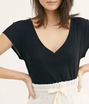 Free People Intimately Black Rib Knit V-neck Tee thumbnail 1