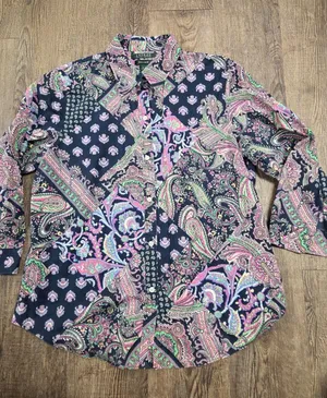 Lauren Ralph Lauren Button Up Shirt Navy Blue Large Long Sleeve No Iron Paisley thumbnail 1