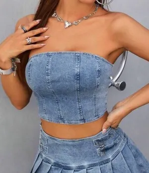 SheIn Denim Tube Top - Light Blue thumbnail 1