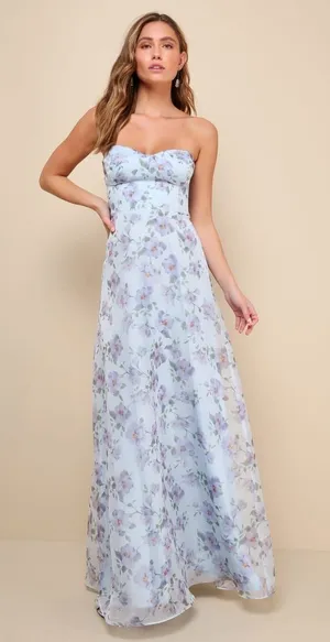 NWT Lulus Chic Preciousness Light Blue Floral Organza Bustier Maxi Dress Size XS thumbnail 1
