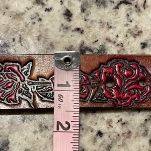 BeltStop‎ Tooled Leather Rose Belt Women 34/36 Tan Western Boho Floral Handcraft thumbnail 6