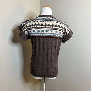 Vintage LEAP Women's Brown Fair Isle Knit V Neck‎ Sleeveless Sweater Vest thumbnail 3