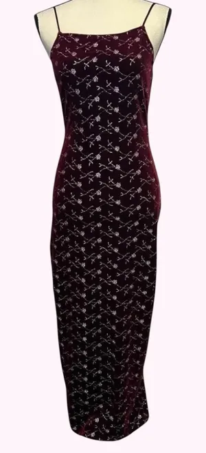 90s vintage square neck burgundy and silver glitter floral maxi velvet dress thumbnail 1