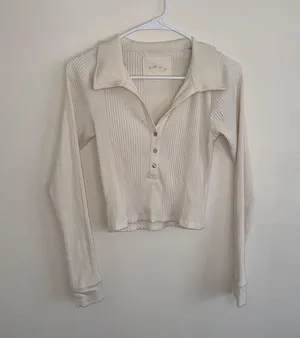 Aerie Cream Beige White Ribbed Longsleeve Collar Medium thumbnail 2