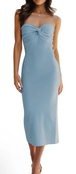 Lillusory Light Blue Strapless Ribbed Knit Twist Front Midi Dress LS048 Small thumbnail 1