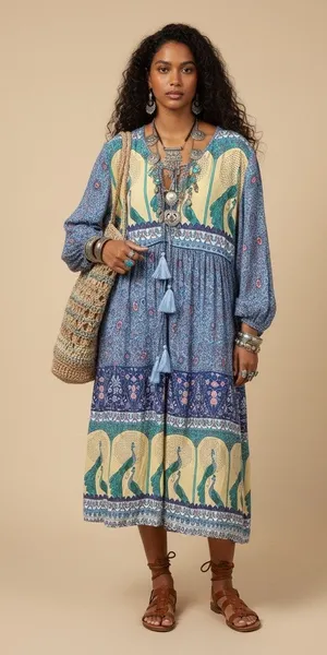 R. Vivimos Blue Peacock Floral Boho Tassel Midi Peasant Dress XL thumbnail 1
