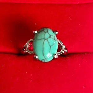 Turquoise Ring Oval Silver Green Stone Bohemian Ring Size 6 thumbnail 2