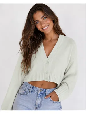 H&M Divided Knit Cropped Cardigan V Neck Button Coastal Preppy Mint Green L Boho thumbnail 1