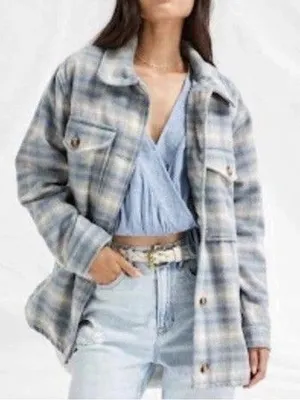 American Eagle Outfitters AEO Medium Blue Plaid Utility Shacket Jacket thumbnail 1