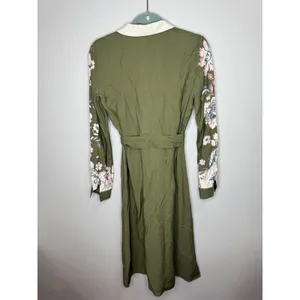 Sézane Button Down Floral Khaki Green Cream Belted Shirt Dress Sz 34 XS thumbnail 4