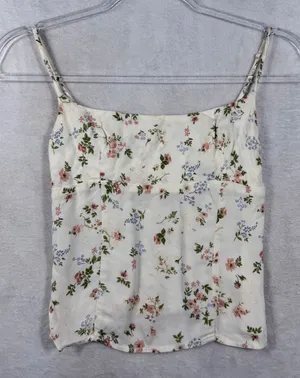 Reformation Floral Smocked Back Cami Top Cream Pink Blue Size 0 RN143248 thumbnail 1