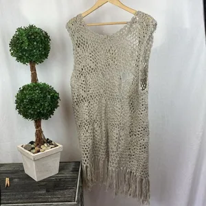 Rebellion Tan Sheer Crochet Fringe Open Front Cardigan Sweater NEW L thumbnail 4