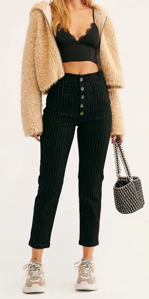 Free People Montella Pinstripe Crop Skinny Pants Black Button Fly size 4 thumbnail 1