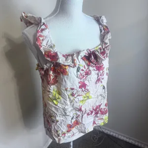 Evereve Womens Linen Blend Tropical Bird Floral Ruffle Tank Top Pink M thumbnail 2