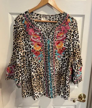 Savanna Jane Leopard Print Tunic with Floral Embroidery - Pink, Orange, Teal thumbnail 1