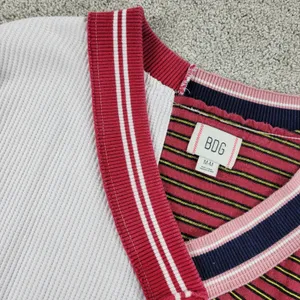 BDG UO Frazier Sweater M White Red Stripe Asymmetric Patch Waffle Knit Acadamia thumbnail 9