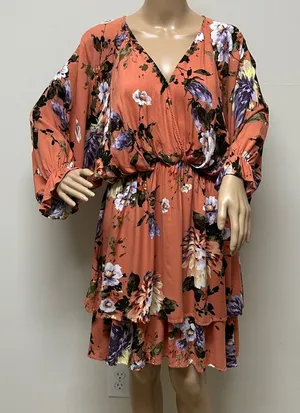 White Birch Coral Peach with bold florals 2 tier dress balloon sleeves size L thumbnail 1