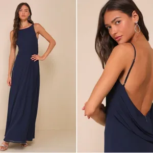 LULU's Prom Wedding Flowy Romantic Open Back Navy Chiffon Maxi Dress NWOT thumbnail 3
