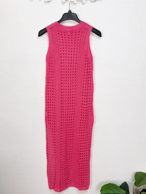 Miss Sparkling Hot Pink Crochet Open Knit Maxi Dress Swim Cover Up thumbnail 6