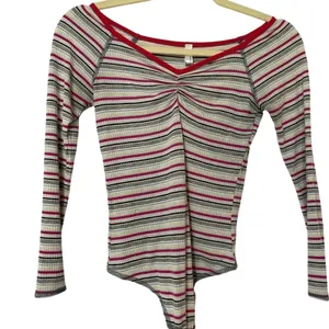 Free People Striped Ribbed Off Shoulder Bodysuit Womens XS Sweetheart Neckline thumbnail 2