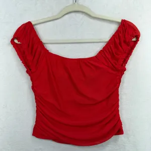 Just Polly Size S Red Corset Top Ruched Mesh Sweetheart Cap Sleeve Cropped thumbnail 5