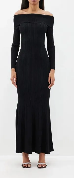 Self-Portrait Off The-Shoulder Ribbed-Knit Maxi Dress Size XL Black thumbnail 1