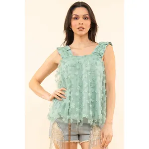 XL Blue Velvet NWT Floral Ruffle Green Top thumbnail 3